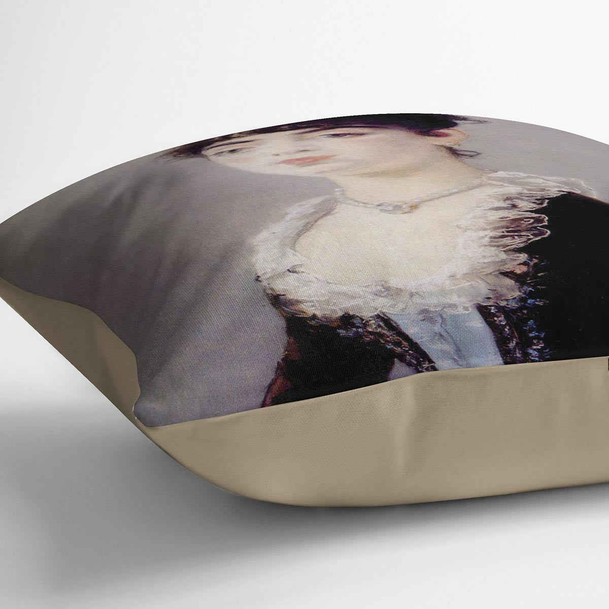 A vibrant cushion featuring the Portrait of Madame Michel LCvy by Manet, made from luxurious vegan faux suede with a colorful abstract design.