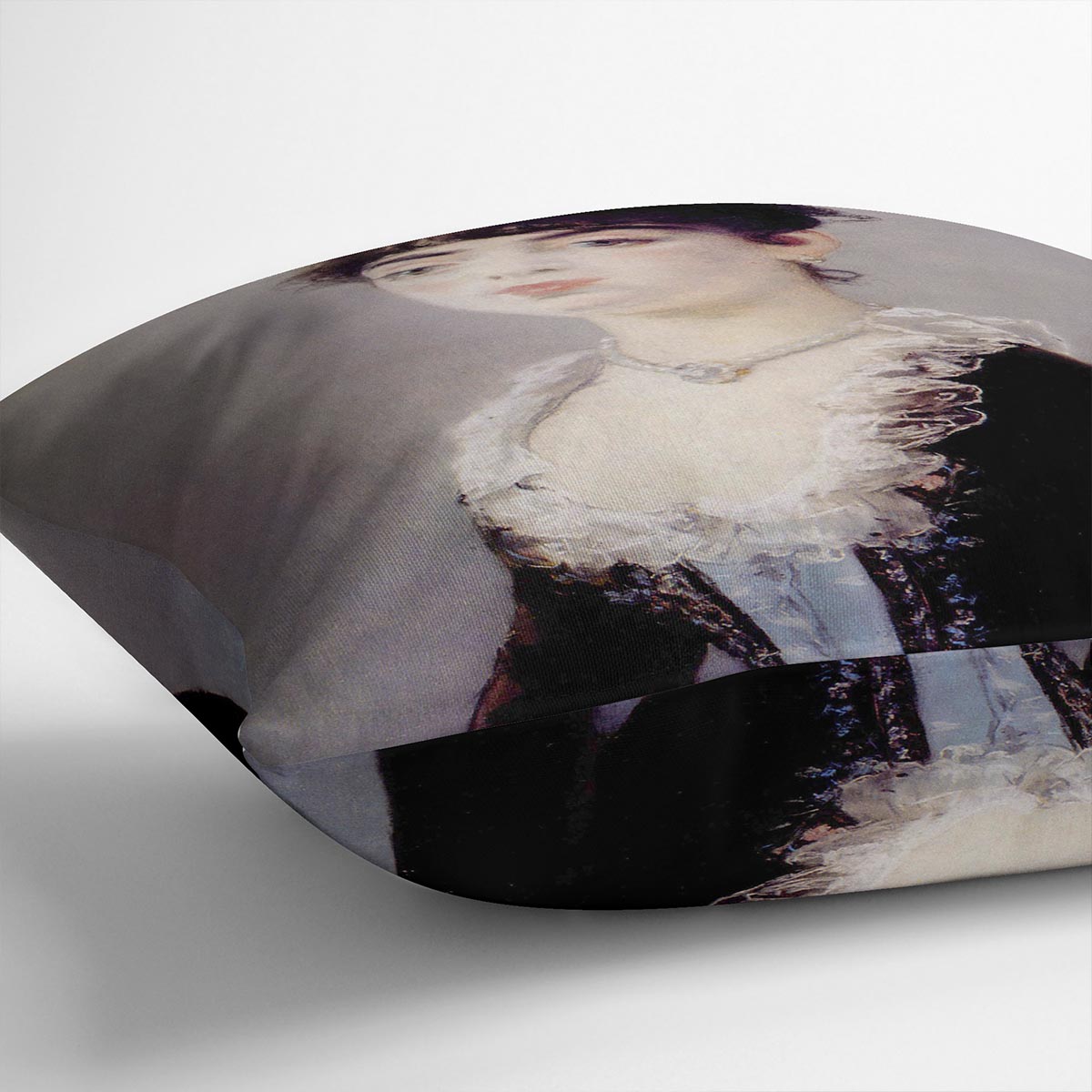 A vibrant cushion featuring the Portrait of Madame Michel LCvy by Manet, made from luxurious vegan faux suede with a colorful abstract design.