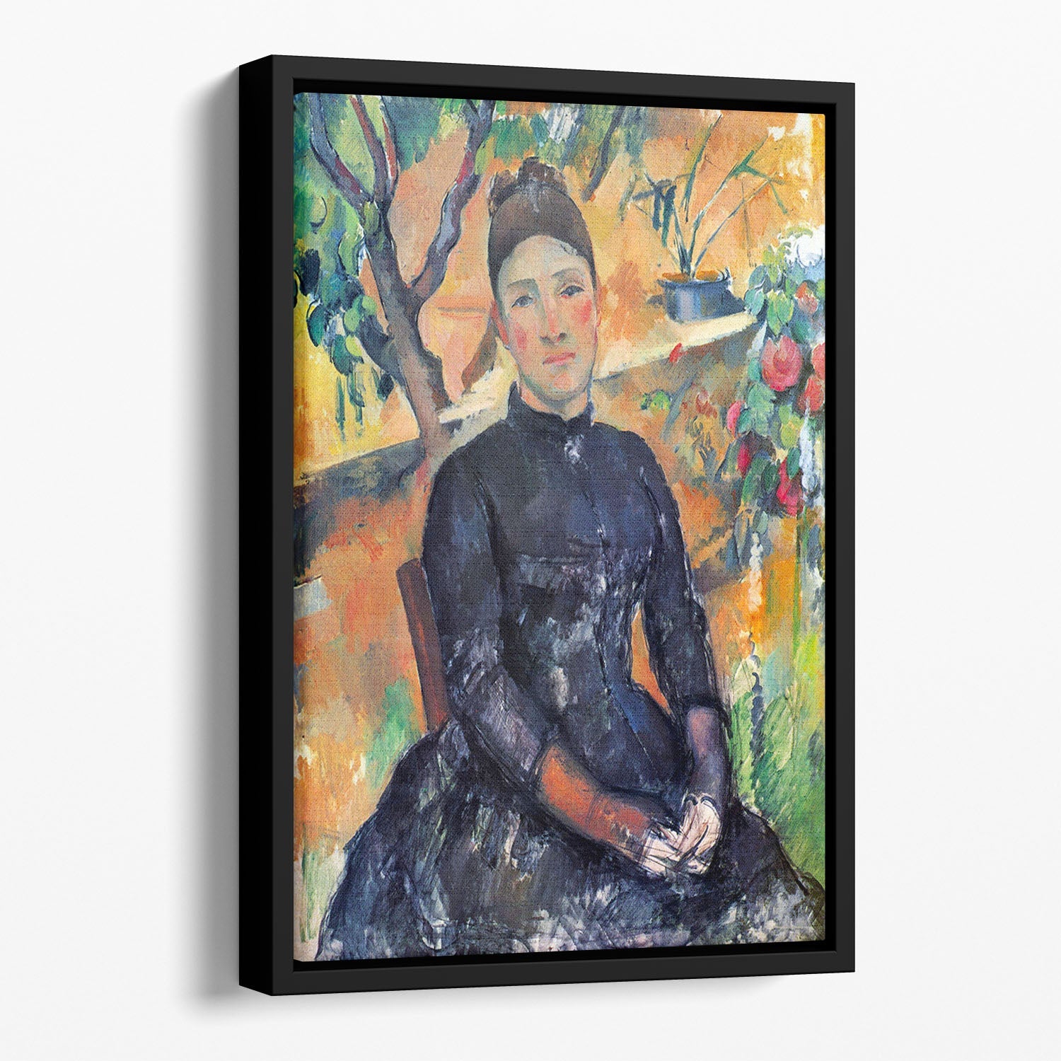 Portrait of Mme Cezanne in the greenhouse, elegantly framed in a contemporary floating frame, showcasing vibrant colors and abstract design.