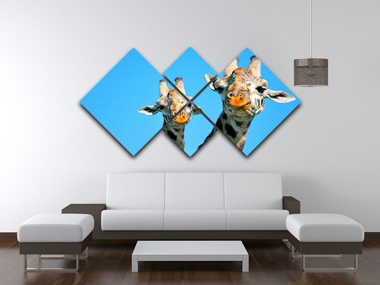 A beautiful portrait of a mother giraffe and her baby, captured in a 4-square canvas format, showcasing their bond in a natural African setting.