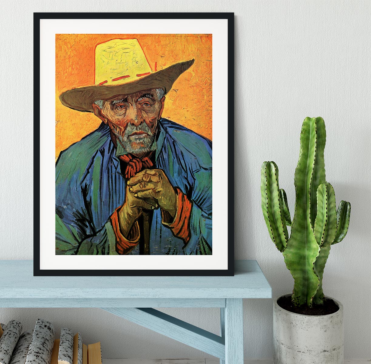 Framed print of Van Gogh's Portrait of Patience Escalier, showcasing vibrant colors and intricate details.