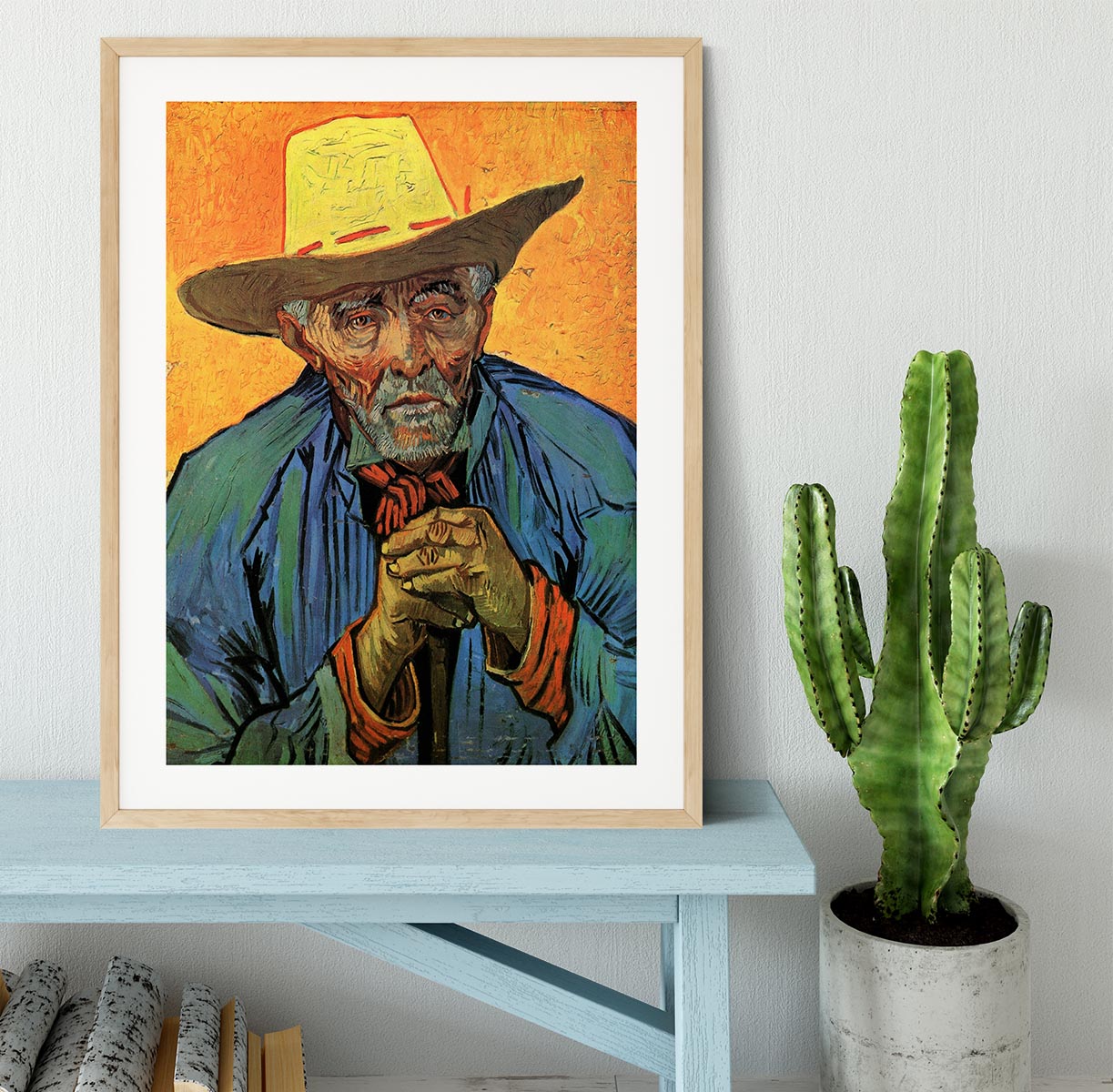 Framed print of Van Gogh's Portrait of Patience Escalier, showcasing vibrant colors and intricate details.
