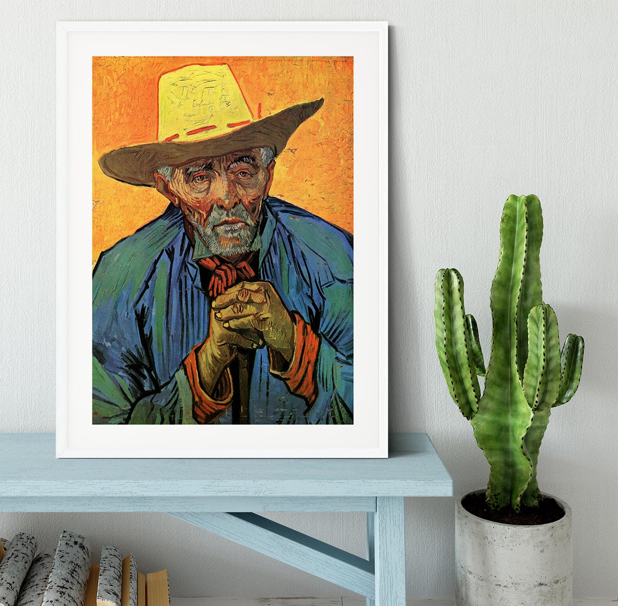 Framed print of Van Gogh's Portrait of Patience Escalier, showcasing vibrant colors and intricate details.