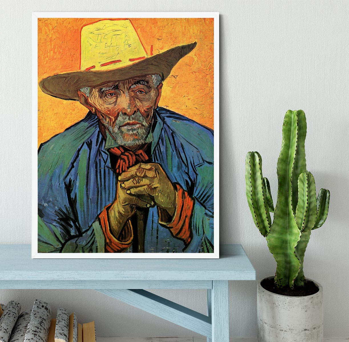 Framed print of Van Gogh's Portrait of Patience Escalier, showcasing vibrant colors and intricate details.