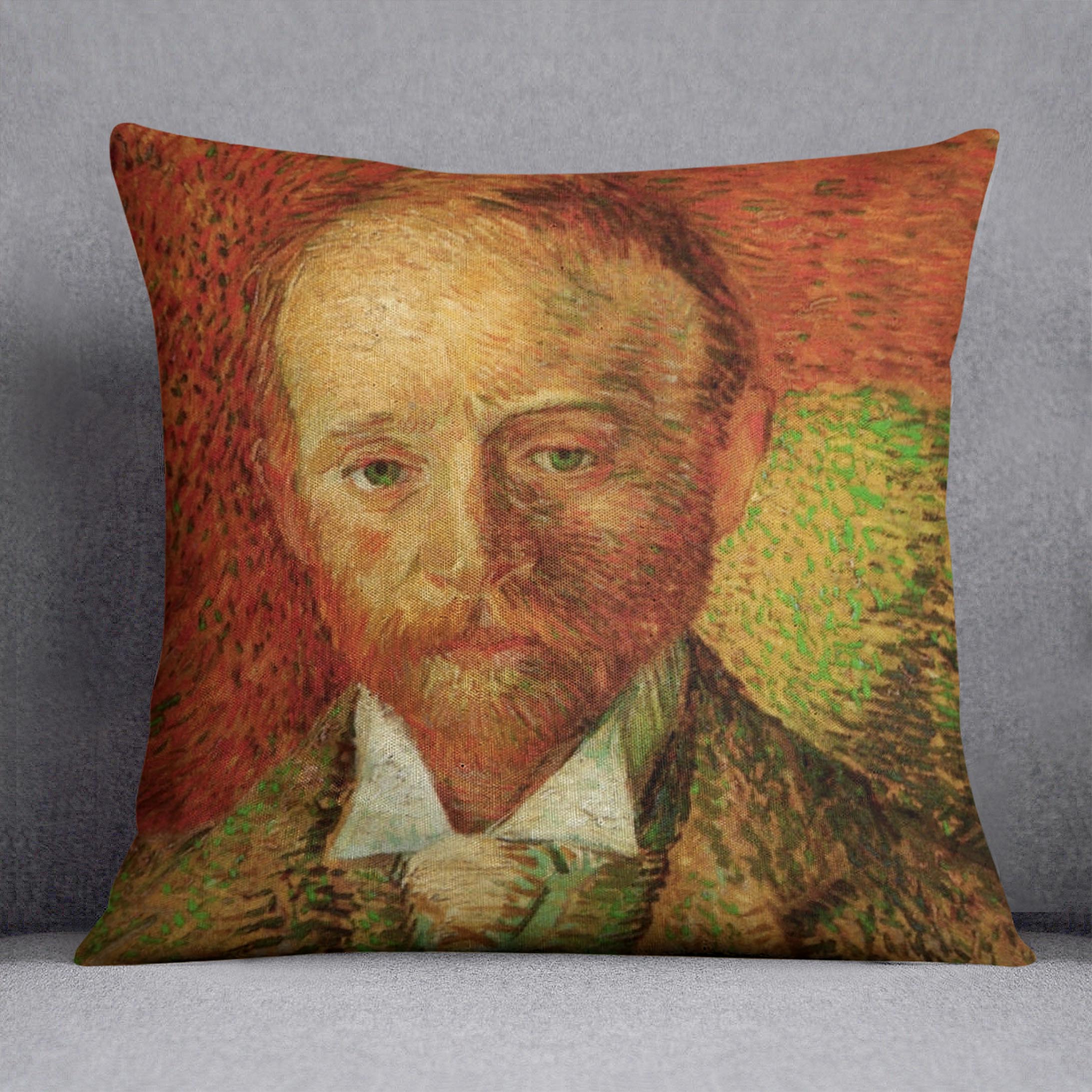 Cushion featuring Van Gogh's Portrait of the Art Dealer Alexander Reid, made from luxurious vegan faux suede with vibrant colors.
