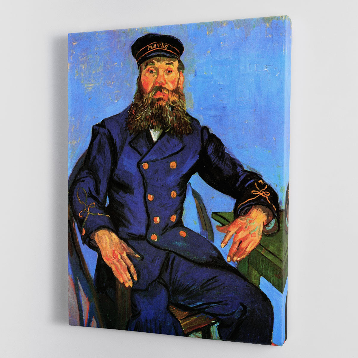 Canvas print of Van Gogh's Portrait of the Postman Joseph Roulin, showcasing vibrant colors and expressive brushwork.