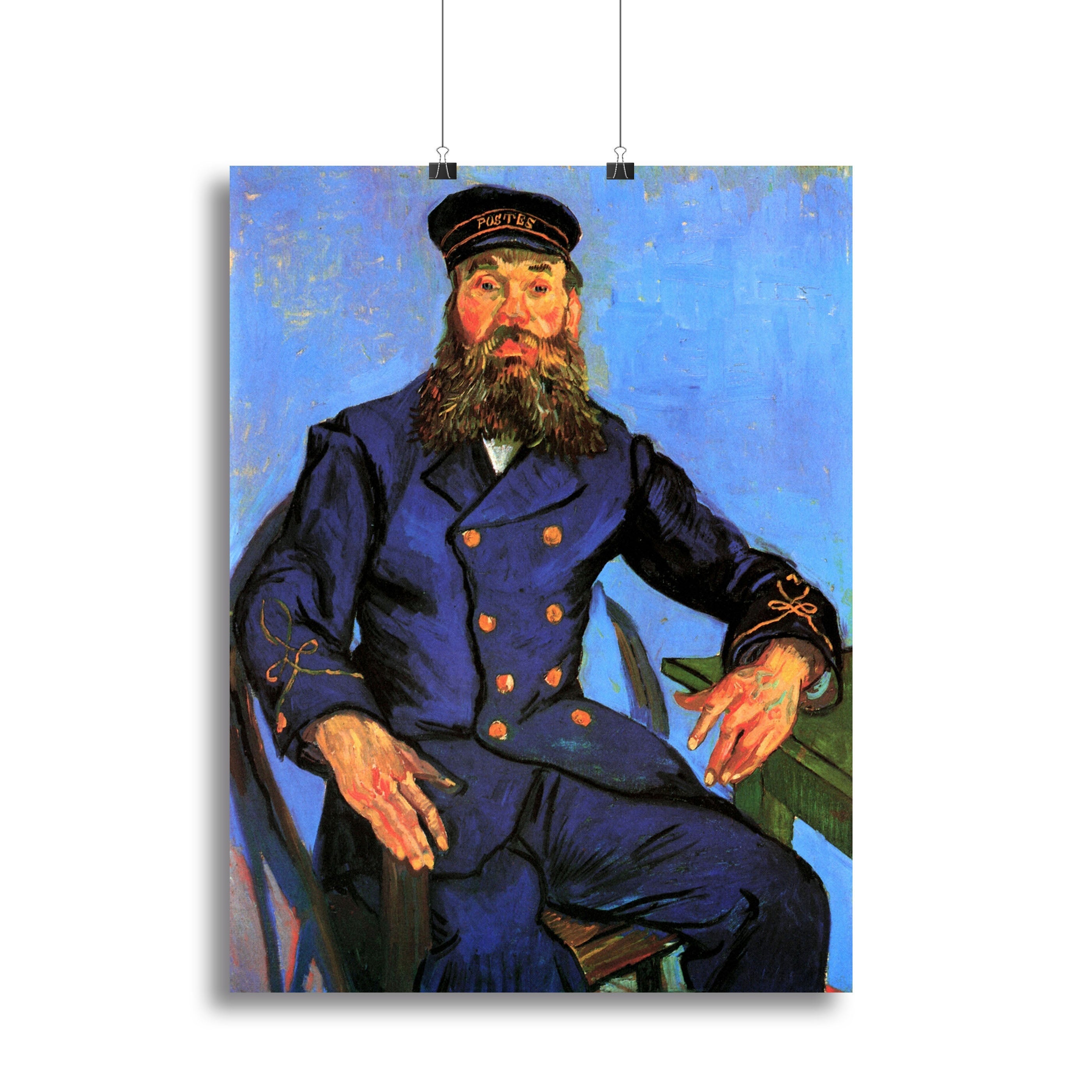 Canvas print of Van Gogh's Portrait of the Postman Joseph Roulin, showcasing vibrant colors and expressive brushwork.