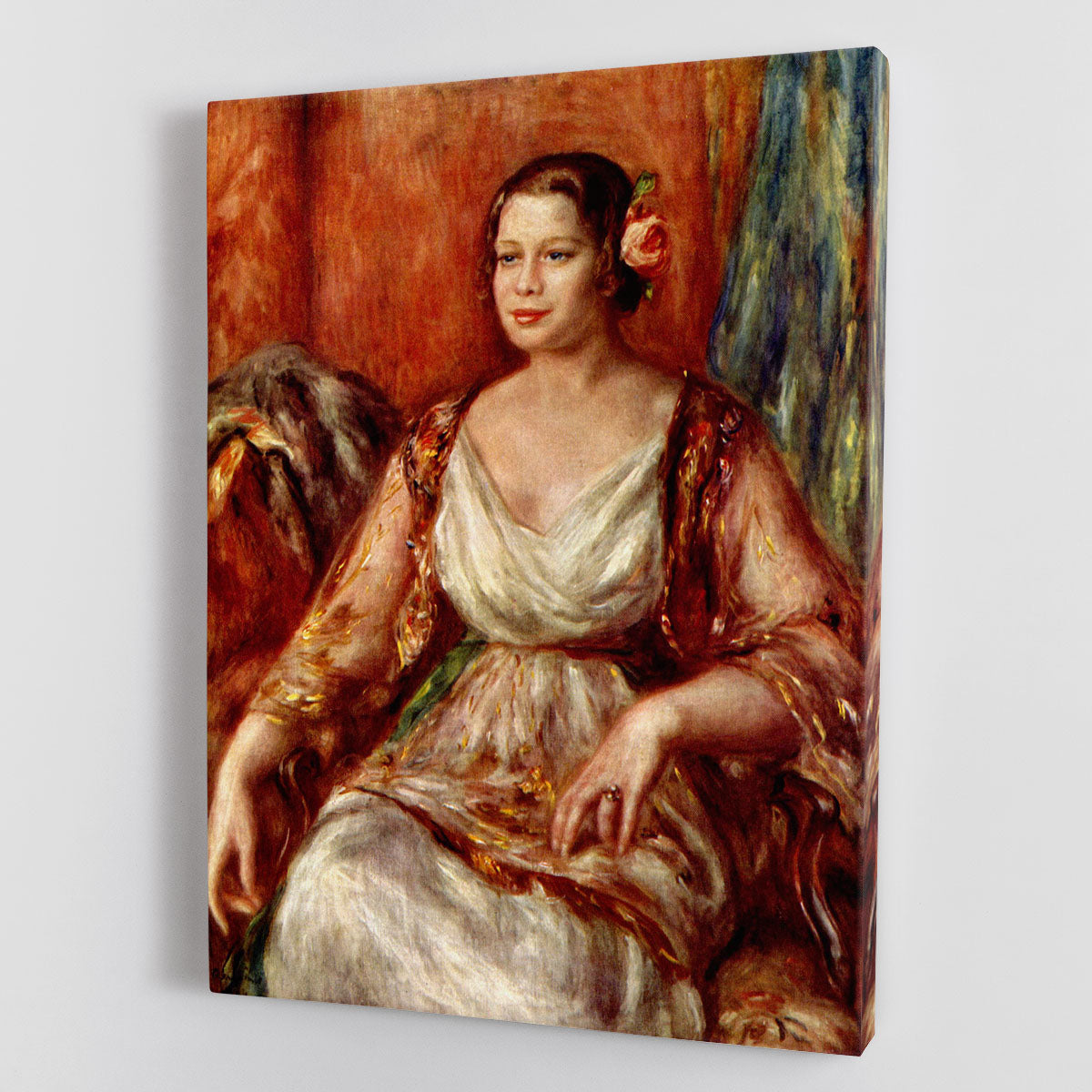 Canvas print of Portrait of Tilla Durieux by Renoir, showcasing vibrant colors and elegant details.