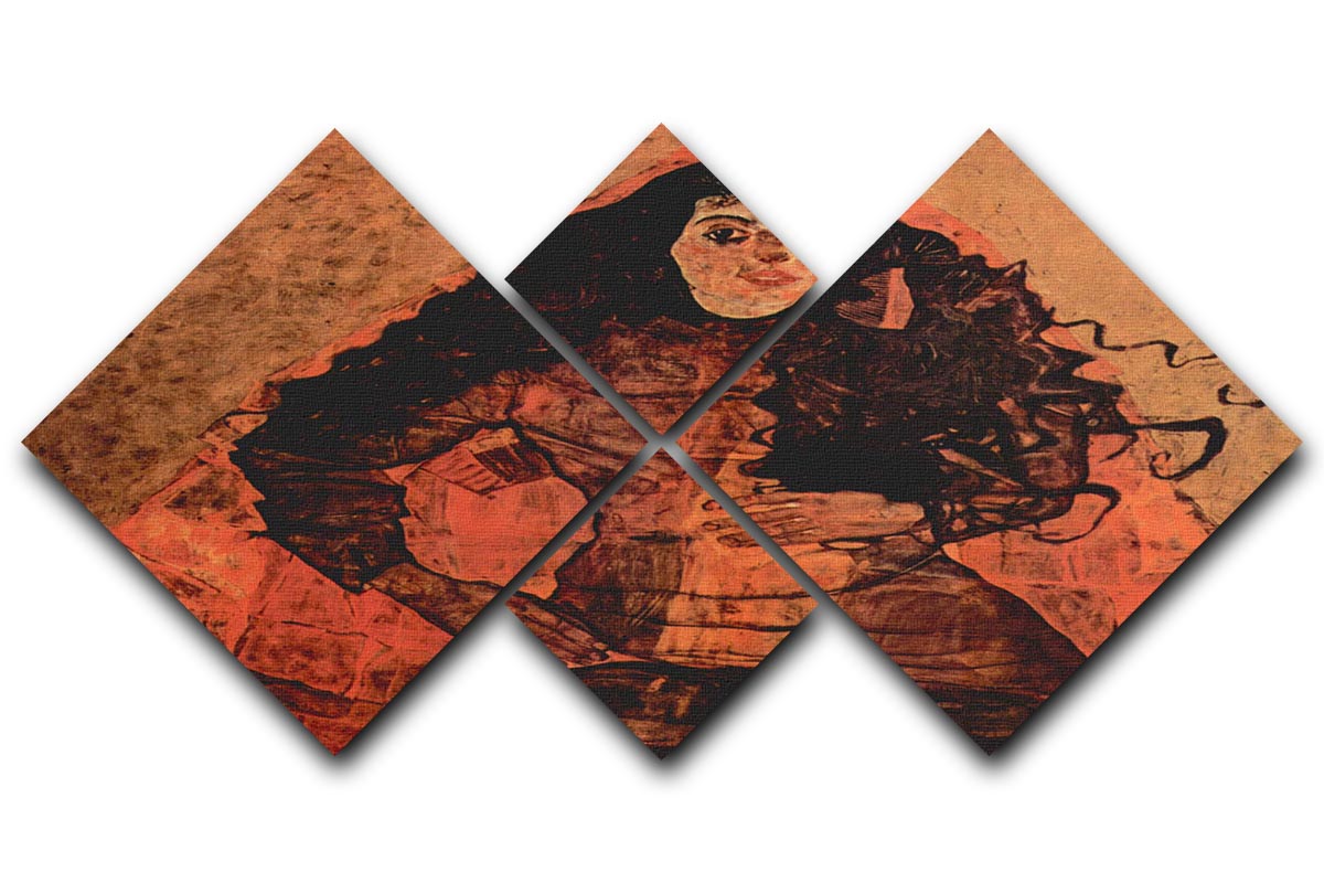 A 4-square multi-panel canvas featuring the Portrait of Trude Engel by Egon Schiele, showcasing vibrant colors and expressive details.