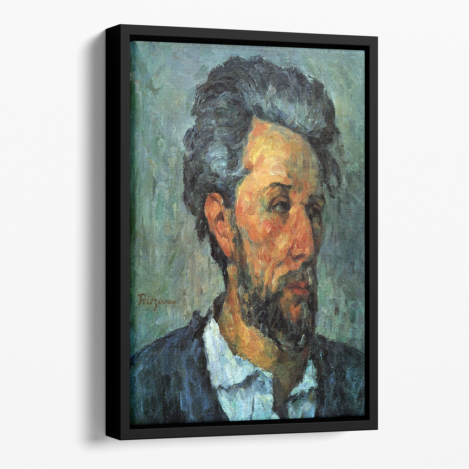 Portrait of Victor Chocquet by Cezanne in an elegant floating frame, showcasing vibrant colors and intricate details.