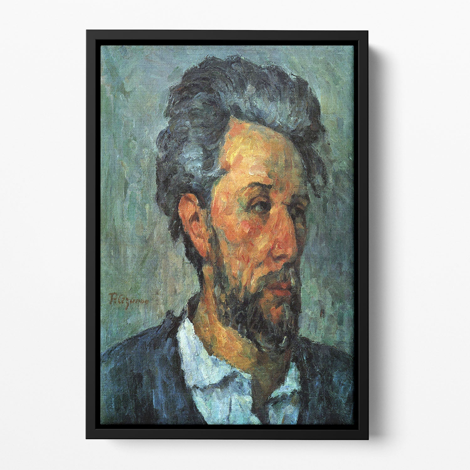 Portrait of Victor Chocquet by Cezanne in an elegant floating frame, showcasing vibrant colors and intricate details.