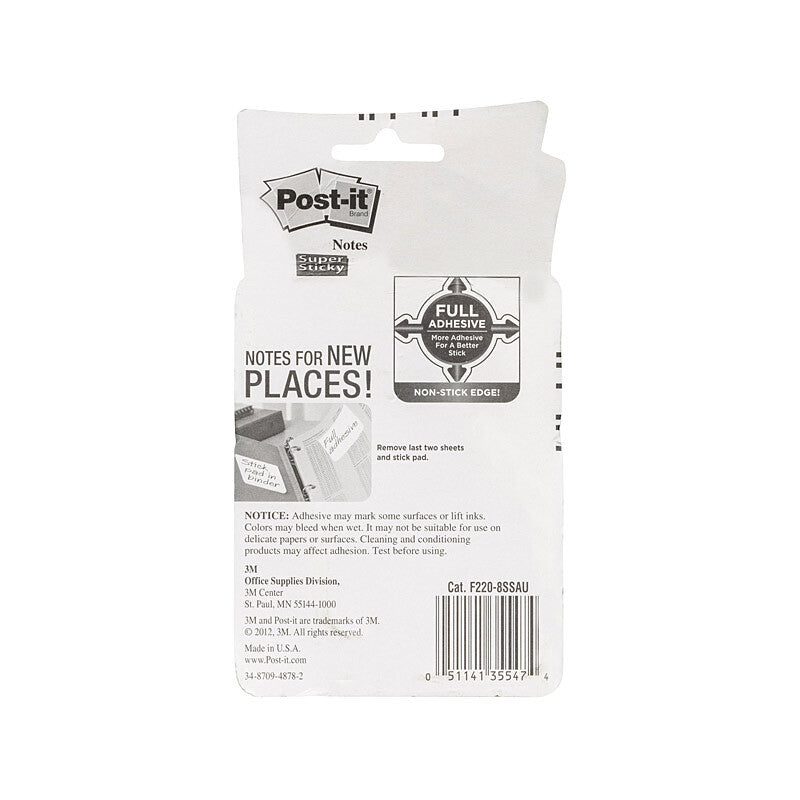 Post-It F220-8SSAU SS RDJ Pack of 8 with vibrant colors and full adhesive backing, ideal for note-taking.