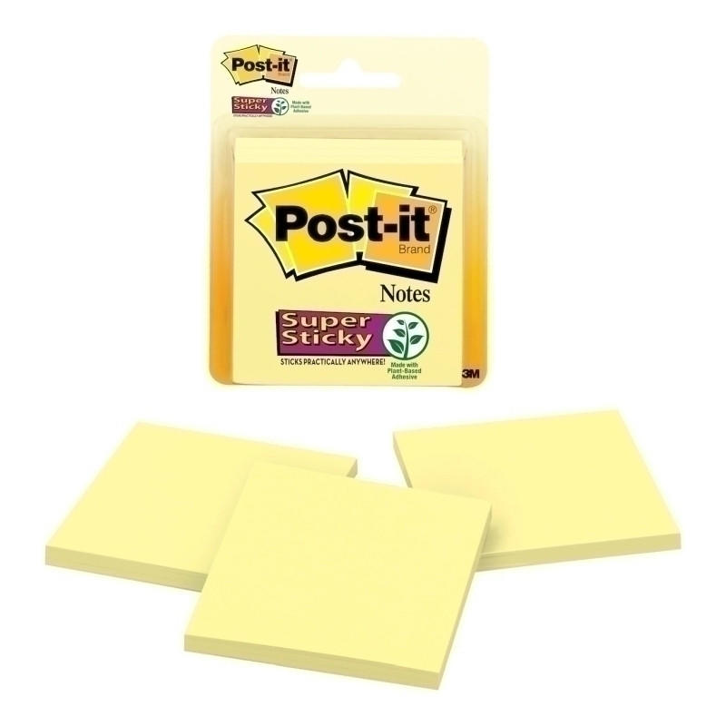 A pack of POST-IT Super Sticky Notes 3321-SSCY in vibrant colors, showcasing their sticky adhesive and versatility for note-taking.