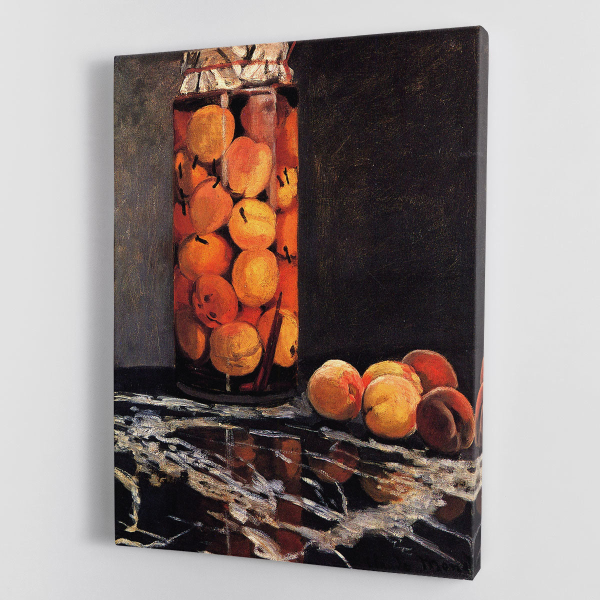 Canvas print of Pot of Peaches by Monet, showcasing vibrant peaches in a beautiful arrangement, perfect for home decor.