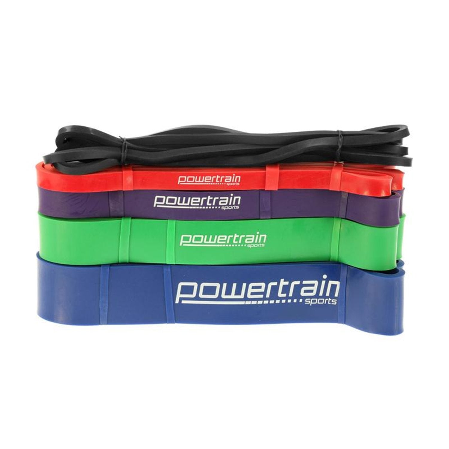Powertrain 5x Home Workout Resistance Bands set with five different resistance levels in various colors.