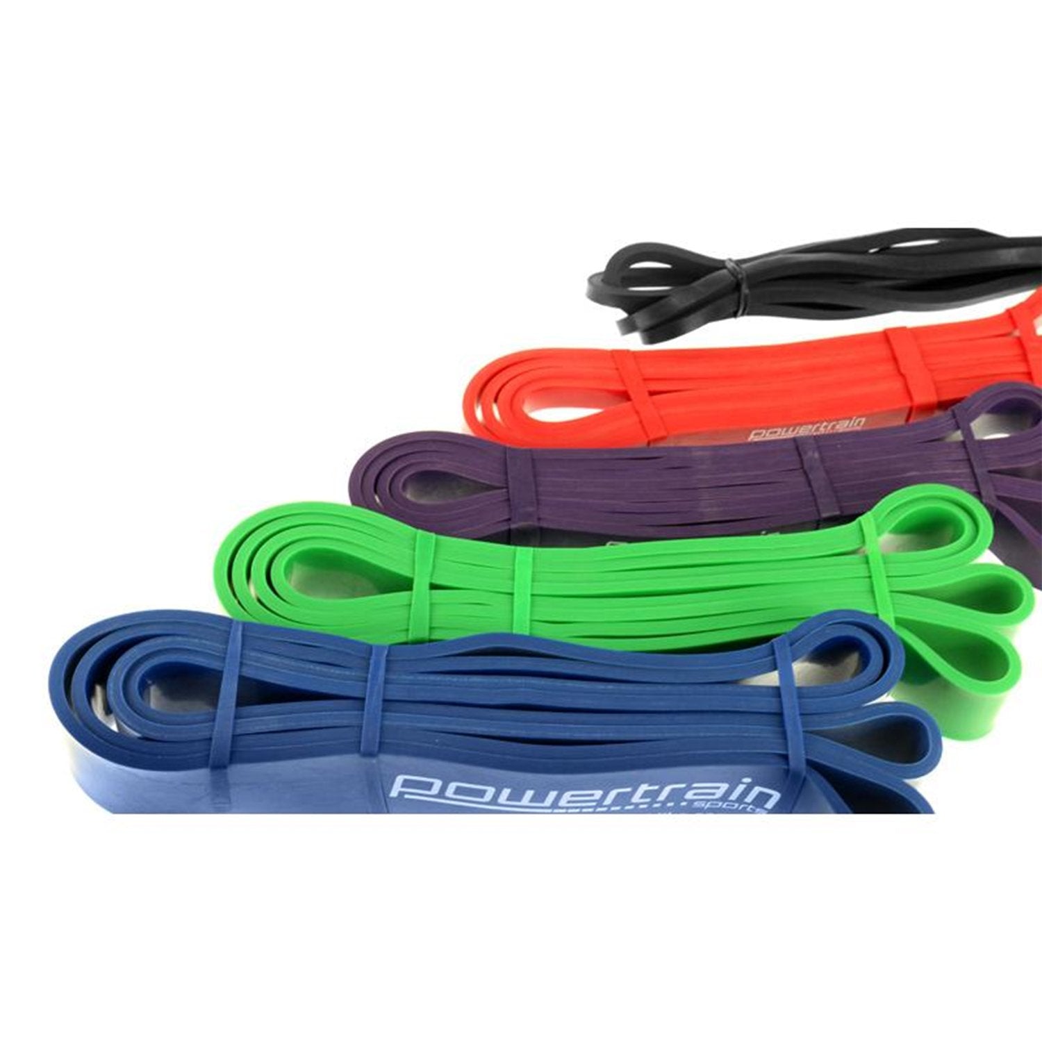 Powertrain 5x Home Workout Resistance Bands set with five different resistance levels in various colors.
