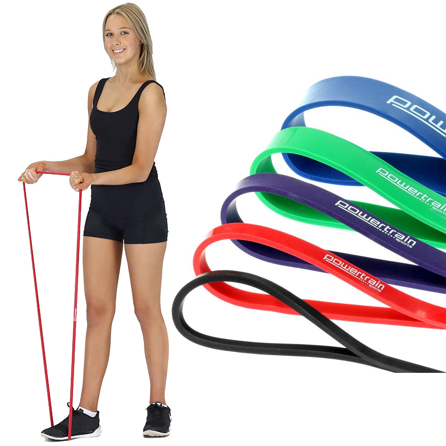 Powertrain 5x Home Workout Resistance Bands set with five different resistance levels in various colors.