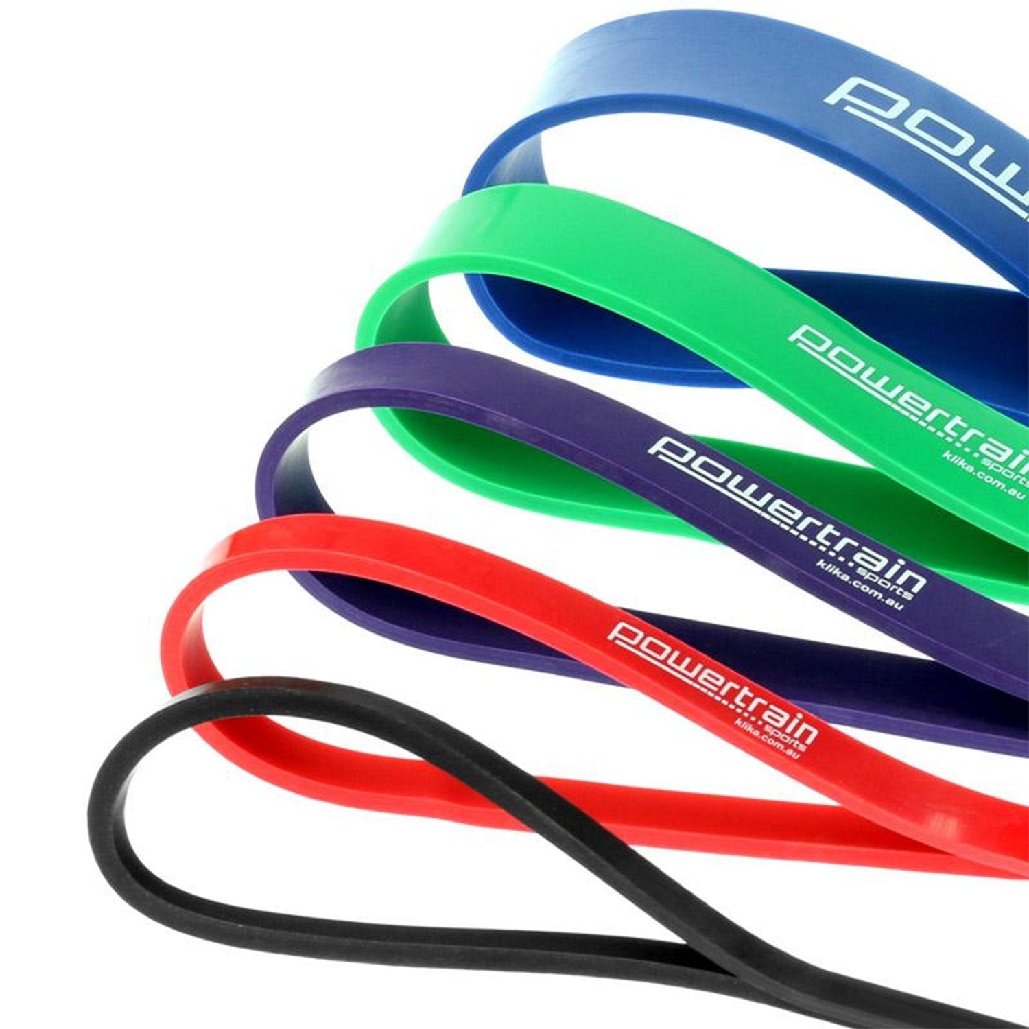Powertrain 5x Home Workout Resistance Bands set with five different resistance levels in various colors.