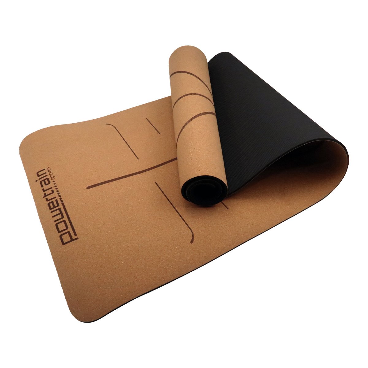 Powertrain Cork Yoga Mat with carry straps, showcasing its eco-friendly cork surface and non-slip design.