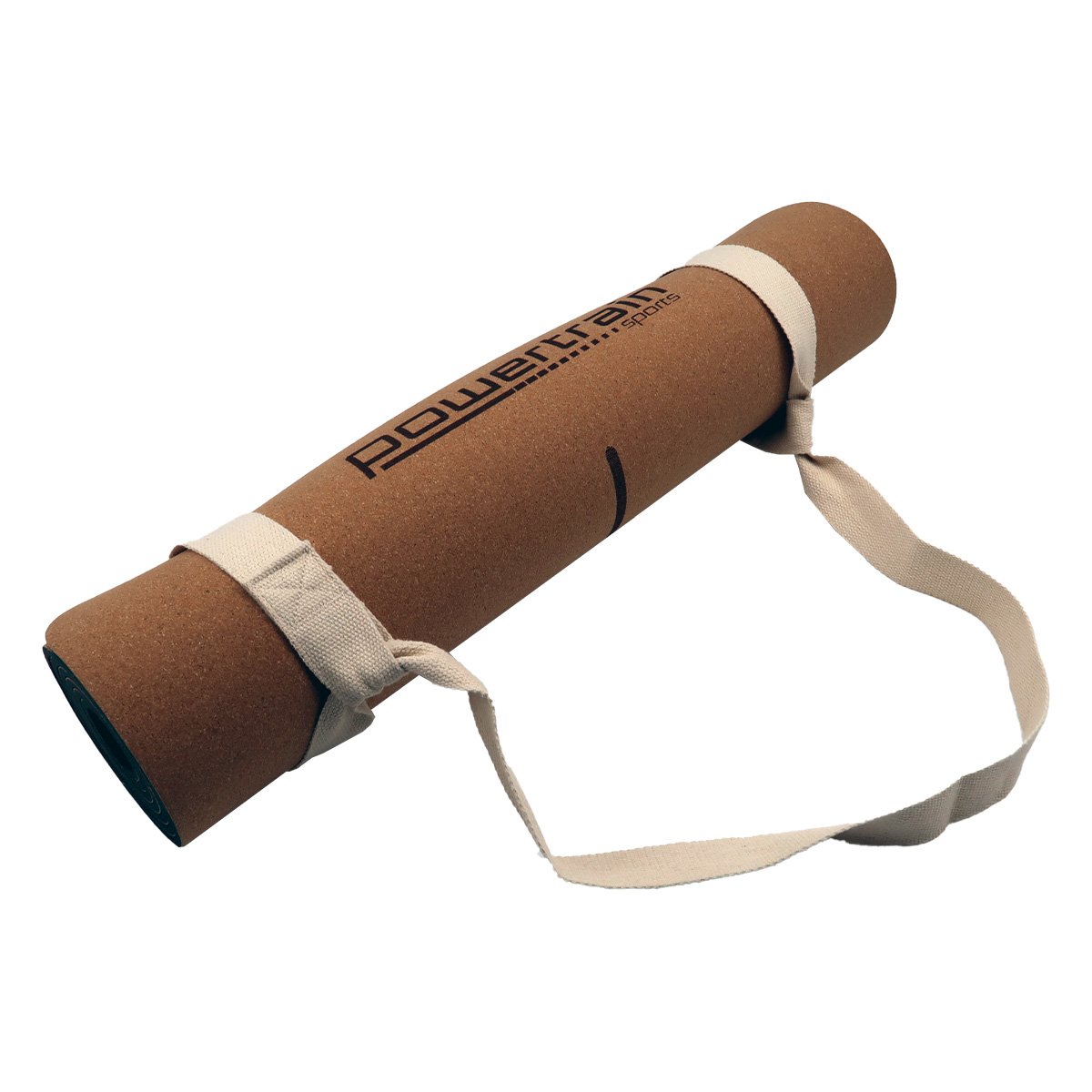Powertrain Cork Yoga Mat with carry straps, showcasing its eco-friendly cork surface and non-slip design.