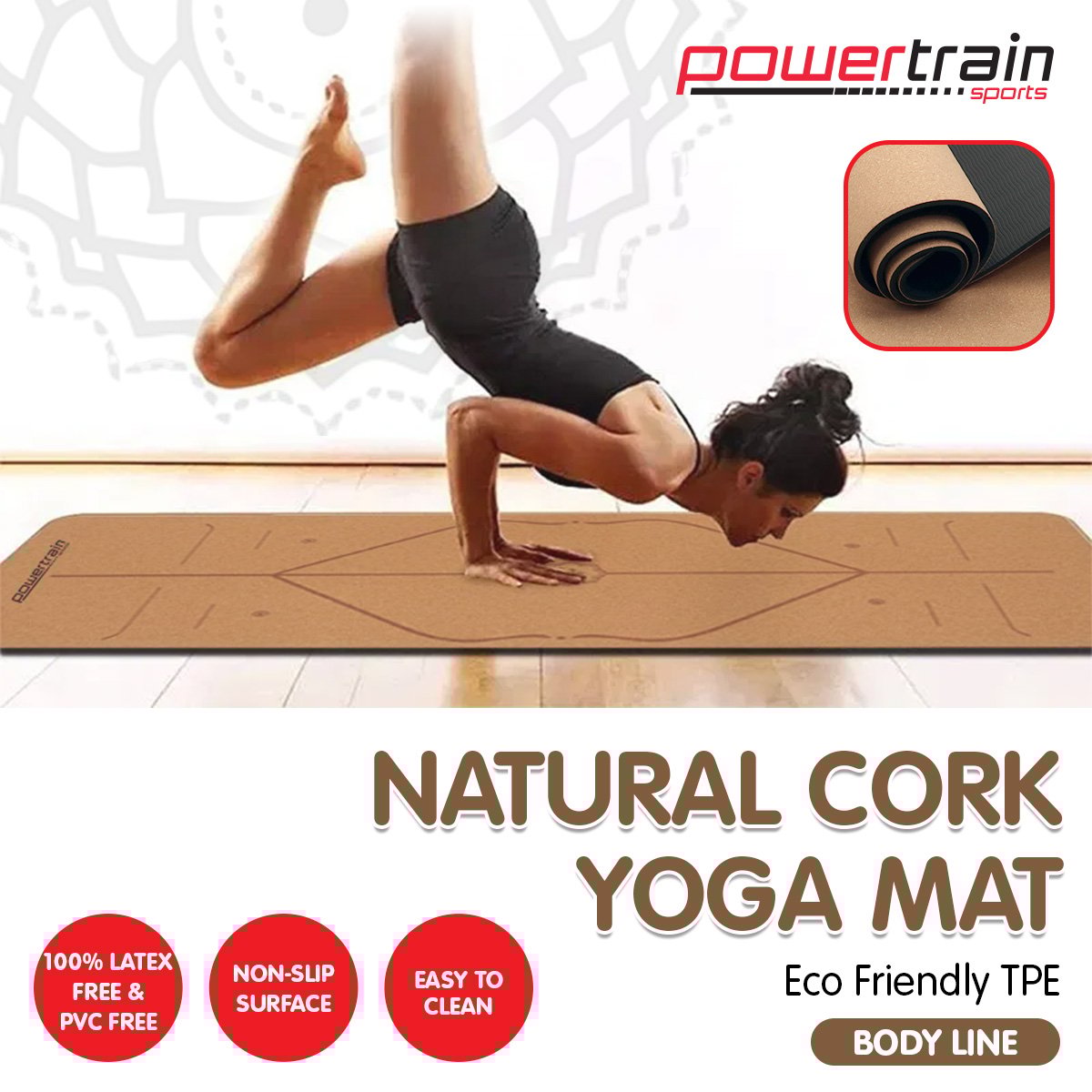 Powertrain Cork Yoga Mat with carry straps, showcasing its eco-friendly cork surface and non-slip design.