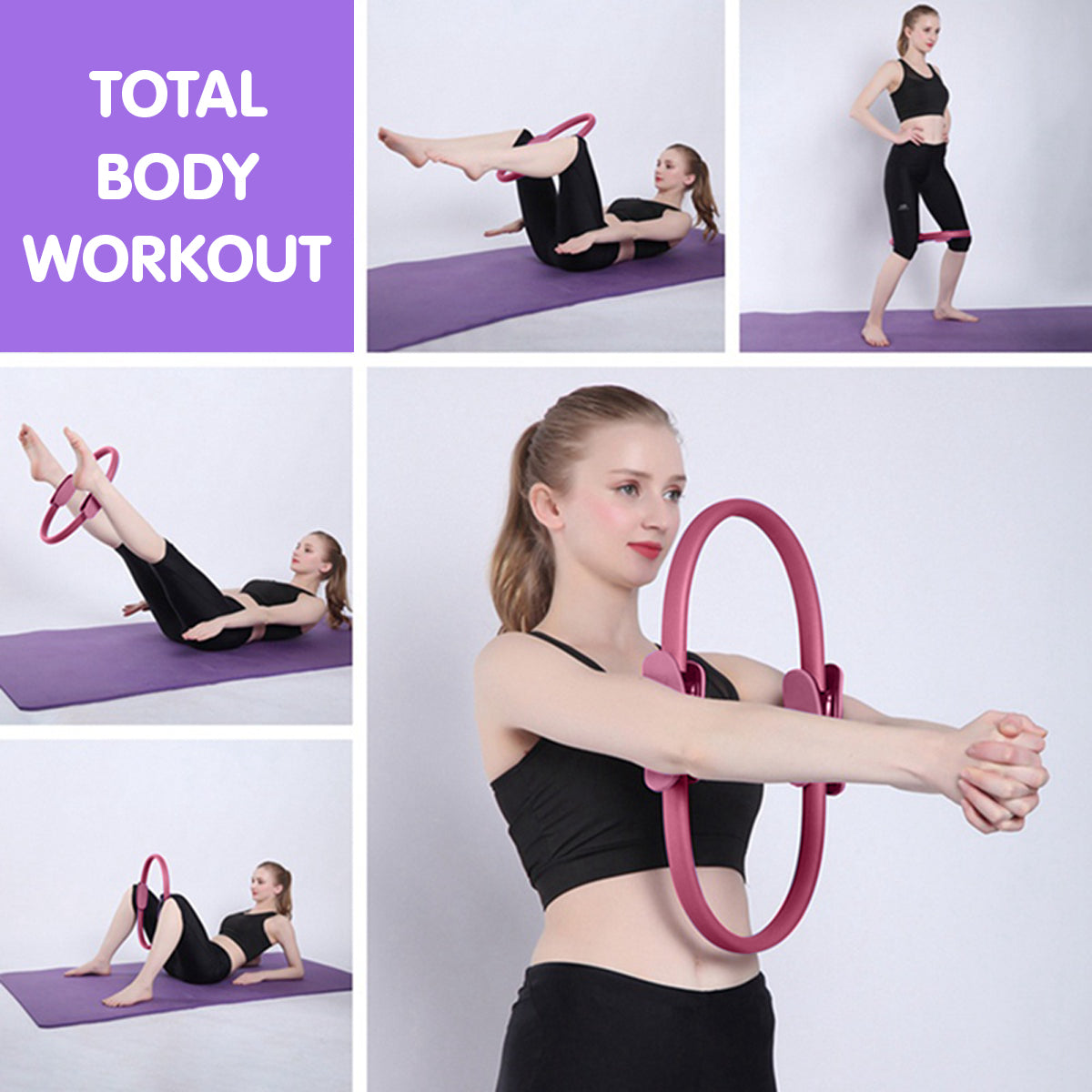Powertrain Pilates Ring Band in pink color, featuring soft foam handles and a 40cm diameter, designed for home workouts and Pilates exercises.