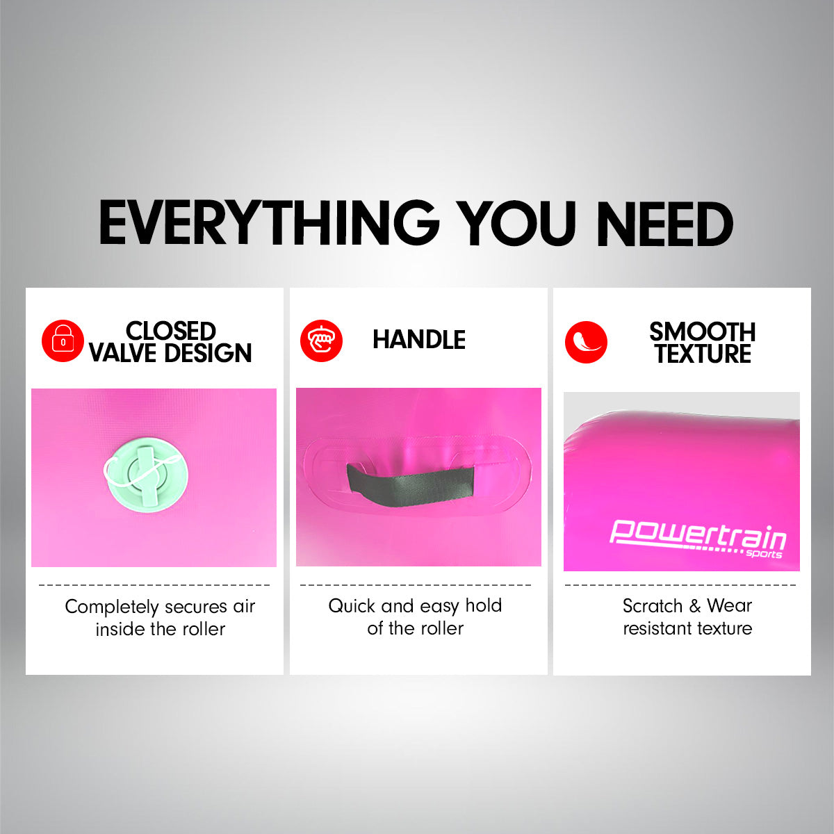 Powertrain Sports Inflatable Gymnastics Air Barrel in vibrant colors, designed for training flips and core exercises.