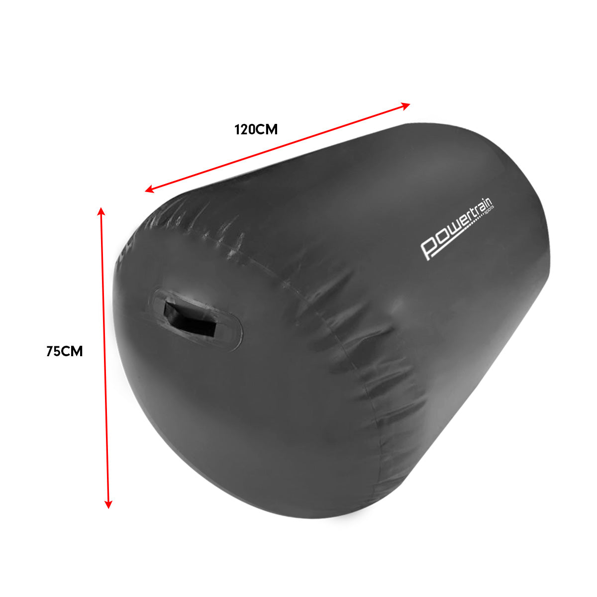 Powertrain Sports Inflatable Gymnastics Air Barrel Exercise Roller 120, designed for gymnastic training, showcasing its durable PVC material and inflatable design.