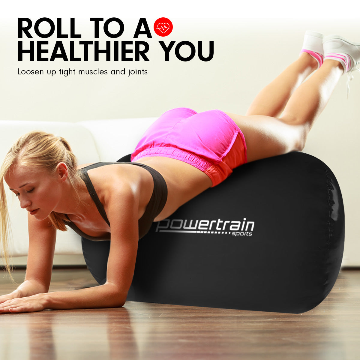 Powertrain Sports Inflatable Gymnastics Air Barrel Exercise Roller 120, designed for gymnastic training, showcasing its durable PVC material and inflatable design.