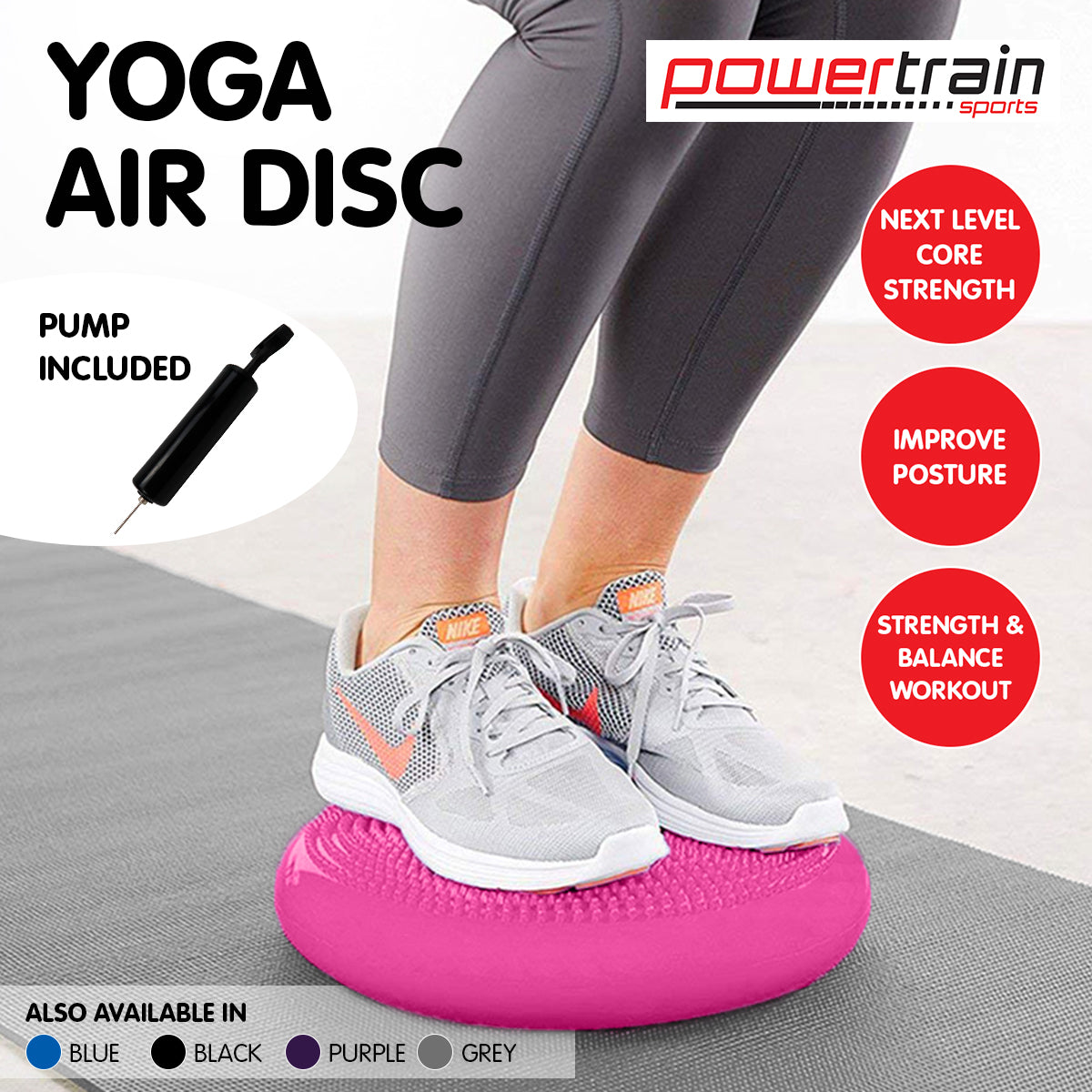 Powertrain Yoga Stability Disc in pink color, featuring a textured surface for grip and an inflatable design for balance training.