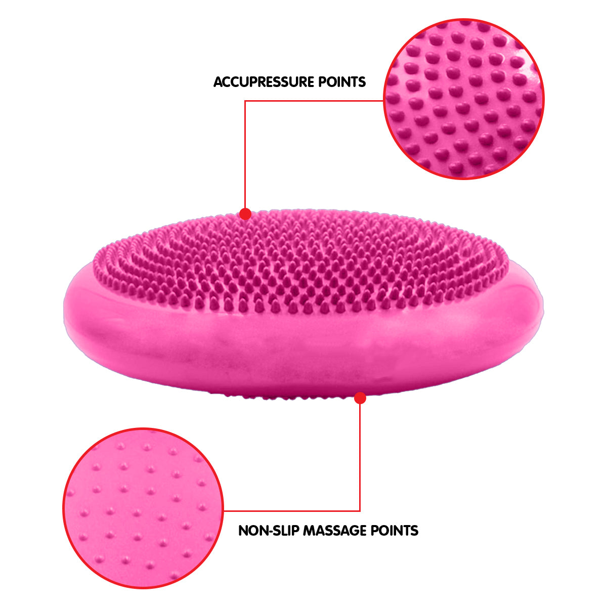 Powertrain Yoga Stability Disc in pink color, featuring a textured surface for grip and an inflatable design for balance training.