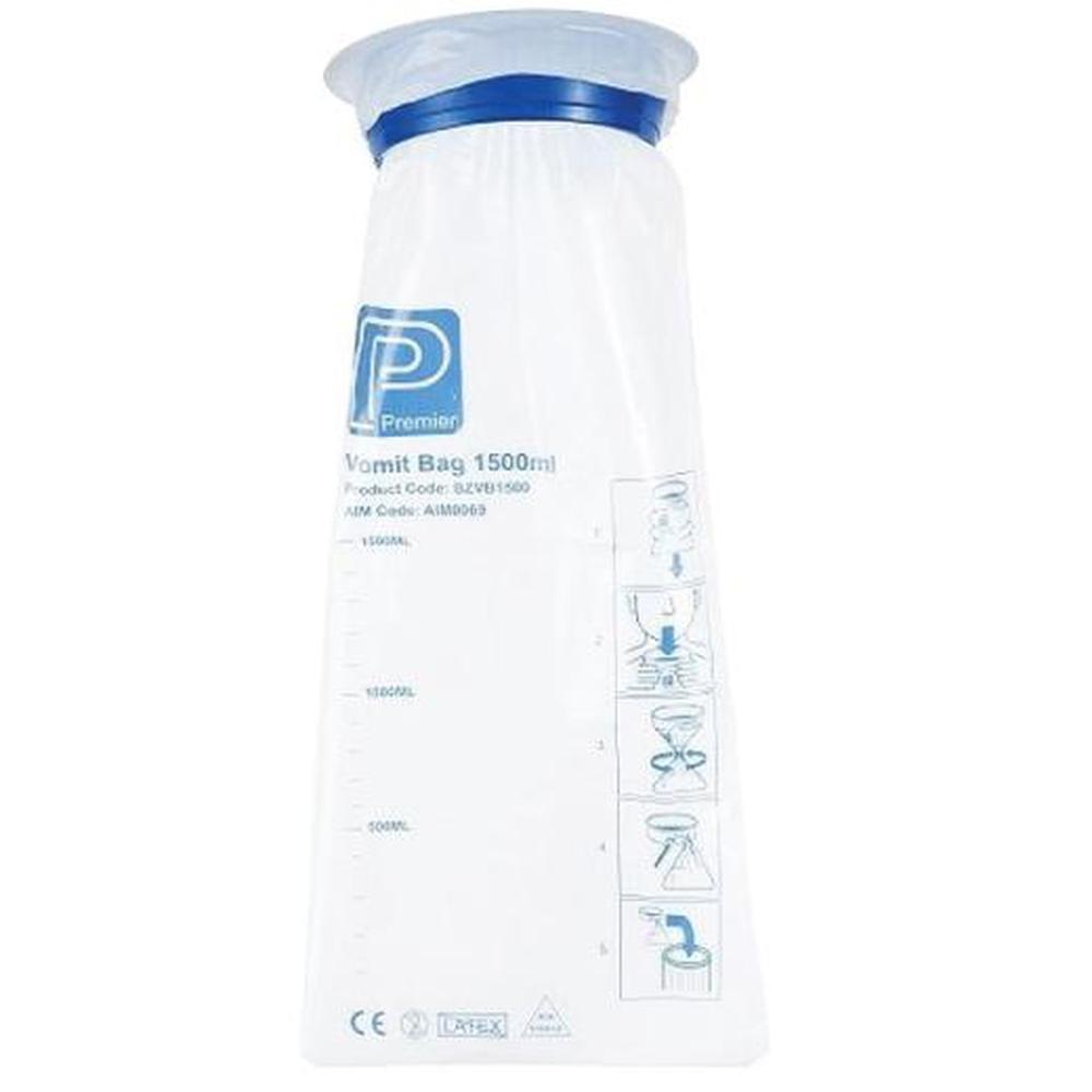 Premier Vomit Bag with a twist and lock rim, designed for easy disposal and measurement of contents, ideal for travel and emergencies.