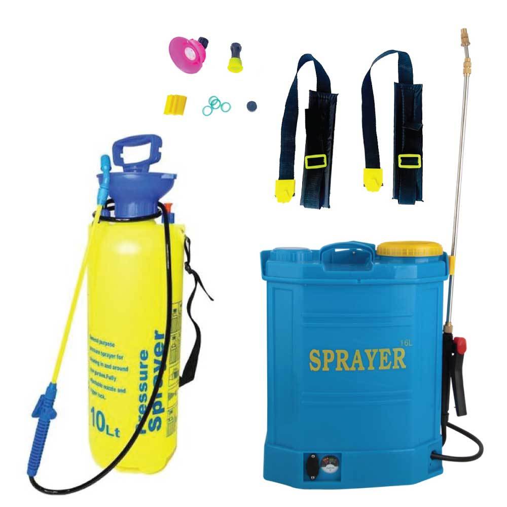 A range of pressure sprayer pumps including a 10L manual sprayer and a 16L electric rechargeable backpack sprayer, showcasing their ergonomic designs and nozzles.