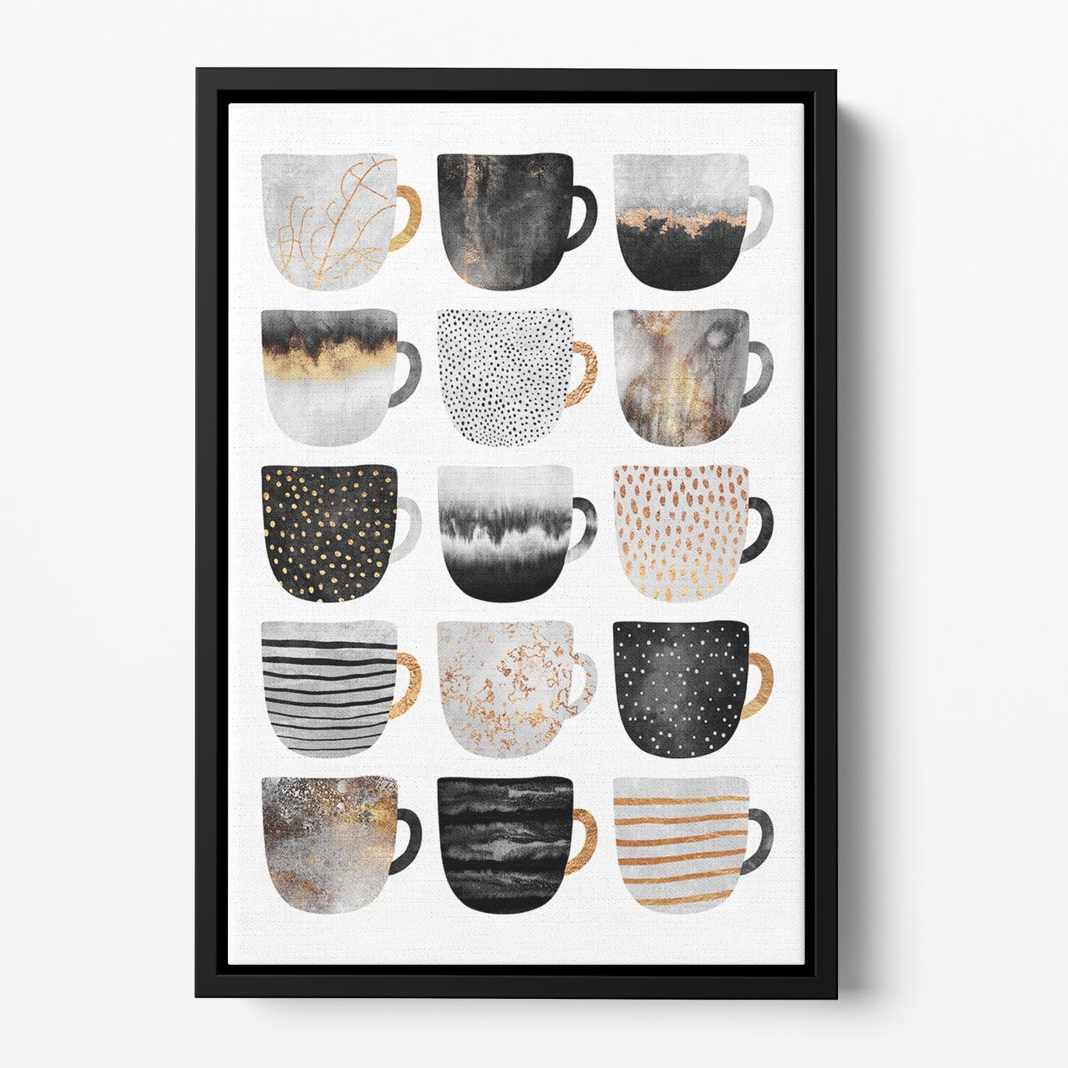 A vibrant floating framed canvas featuring abstract coffee cups in bright colors, perfect for modern home decor.