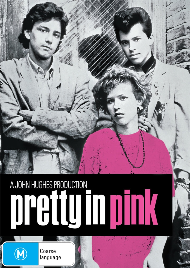 Pretty In Pink DVD cover featuring Molly Ringwald and Andrew McCarthy in a romantic pose, showcasing the film's iconic 80s style.