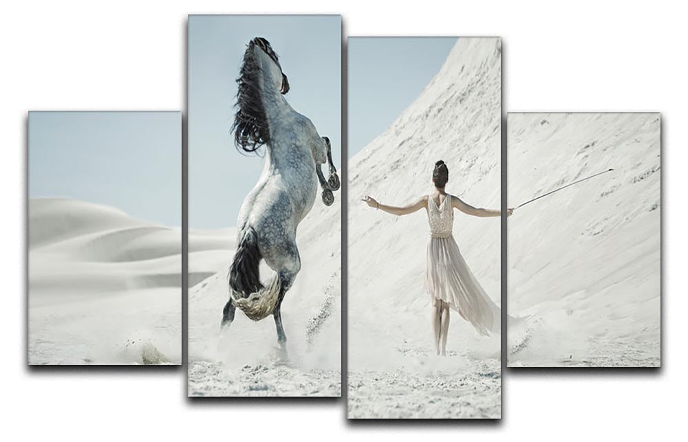 A stunning 4-split canvas artwork featuring a pretty lady with a white horse in a desert setting, showcasing elegance and beauty.