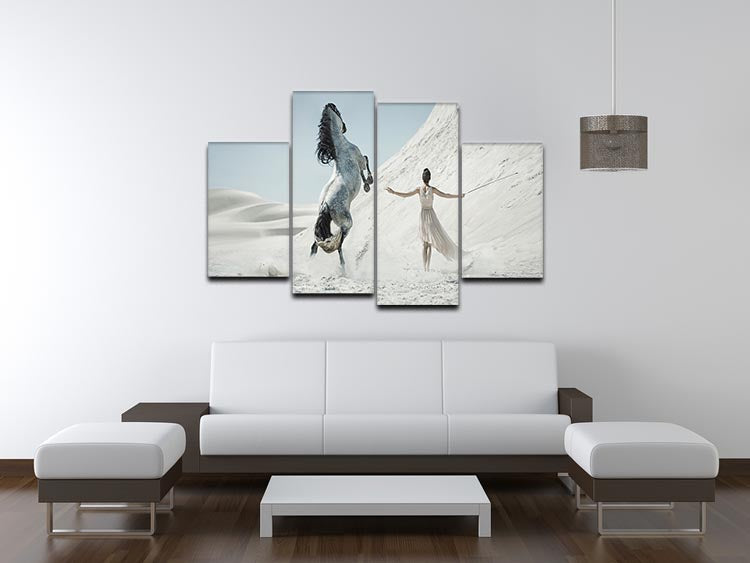 A stunning 4-split canvas artwork featuring a pretty lady with a white horse in a desert setting, showcasing elegance and beauty.