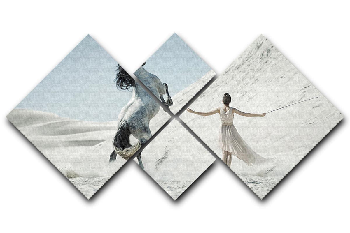 A beautiful multi-panel canvas artwork featuring a lady with a white horse in a desert landscape, divided into four equal sections.