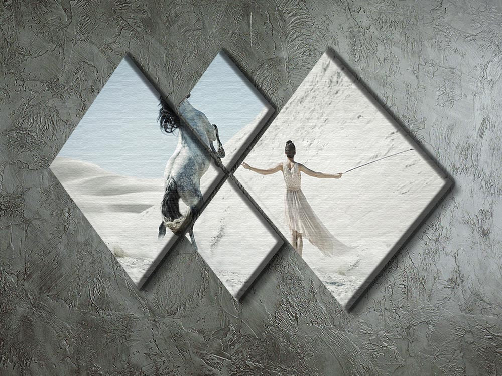 A beautiful multi-panel canvas artwork featuring a lady with a white horse in a desert landscape, divided into four equal sections.