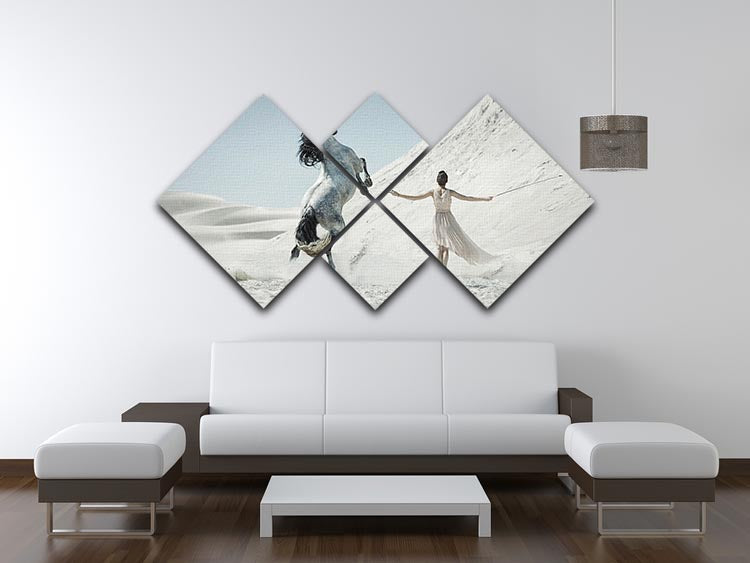 A beautiful multi-panel canvas artwork featuring a lady with a white horse in a desert landscape, divided into four equal sections.