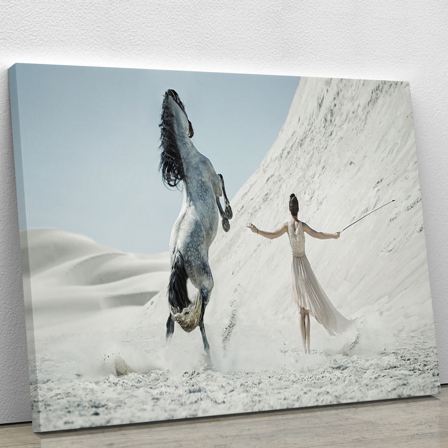 Canvas print featuring a pretty lady riding a white horse in a desert landscape, showcasing elegance and beauty.
