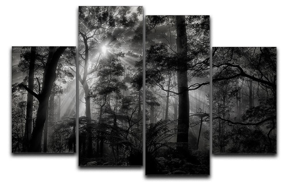 A beautiful 4-split canvas artwork depicting a lush forest, showcasing vibrant greens and earthy tones across four panels.