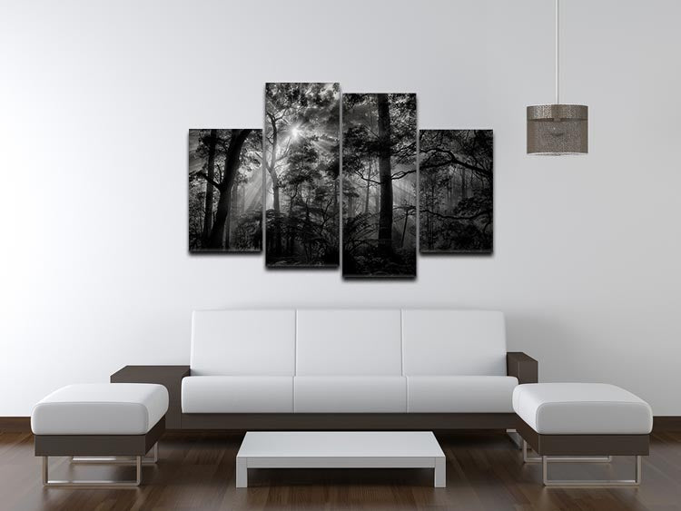 A beautiful 4-split canvas artwork depicting a lush forest, showcasing vibrant greens and earthy tones across four panels.