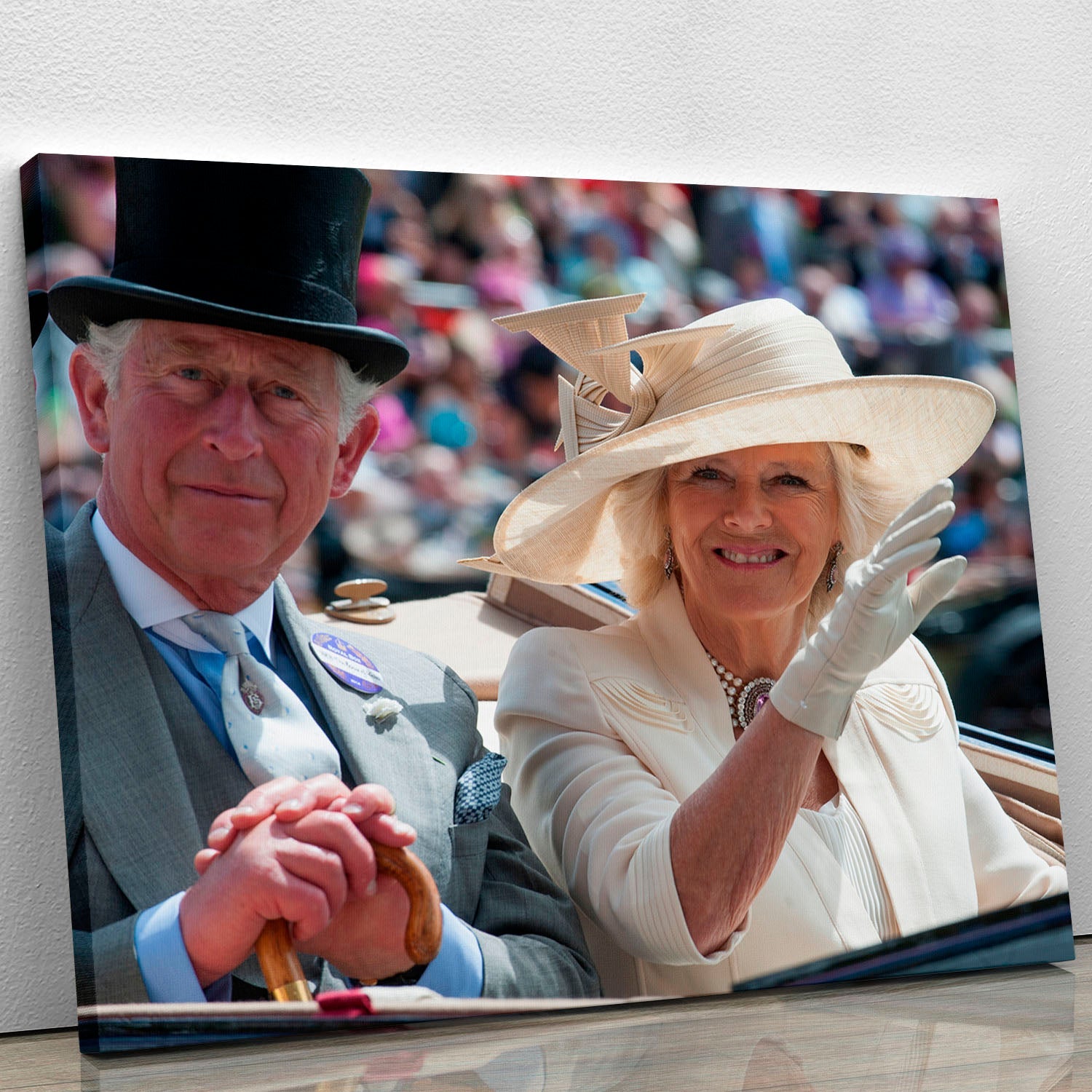 Canvas print featuring Prince Charles and Camilla at the Royal Ascot, showcasing elegance and royal charm.