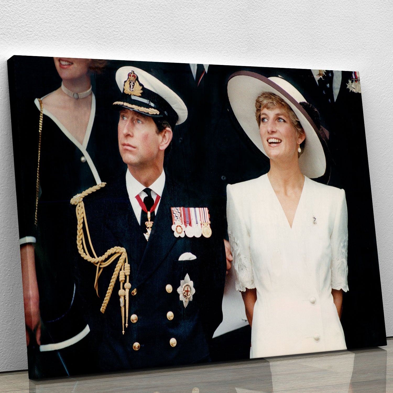 Canvas print featuring Prince Charles and Princess Diana during British forces homecoming, showcasing royal elegance.