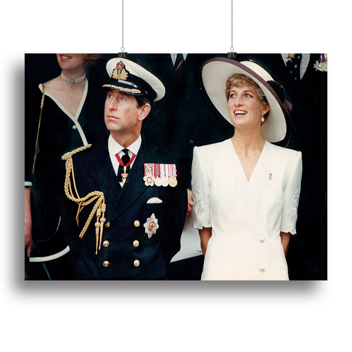 Canvas print featuring Prince Charles and Princess Diana during British forces homecoming, showcasing royal elegance.