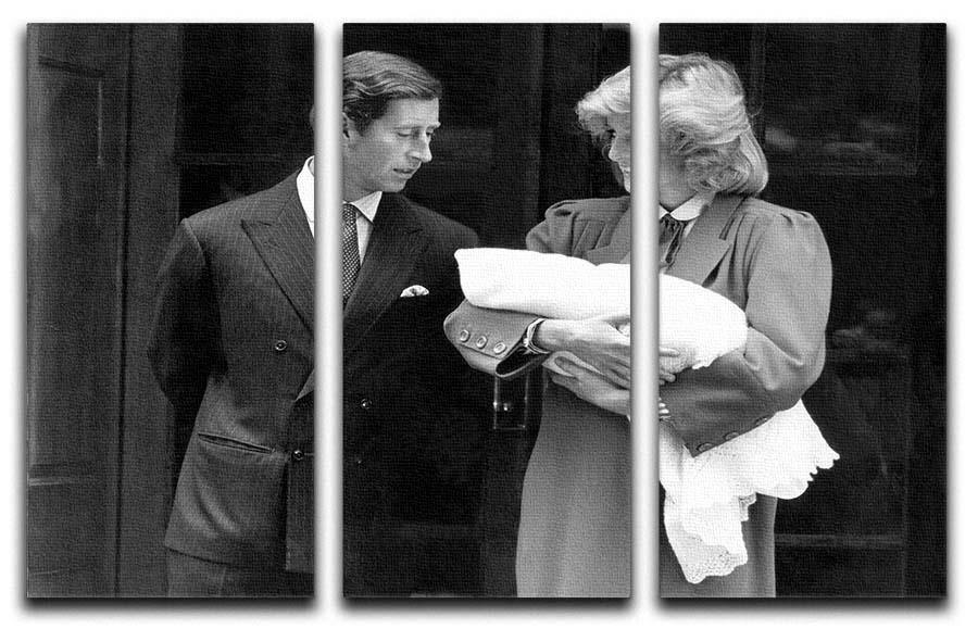 Three-panel canvas art featuring Prince Harry as a newborn with his proud parents, showcasing a charming and elegant design.