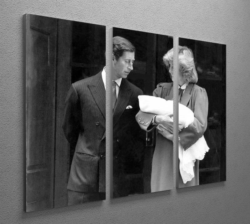 Three-panel canvas art featuring Prince Harry as a newborn with his proud parents, showcasing a charming and elegant design.