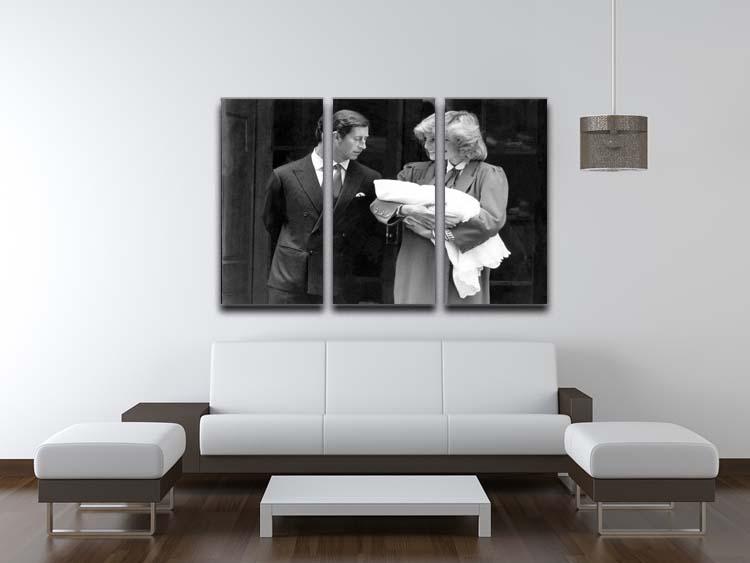 Three-panel canvas art featuring Prince Harry as a newborn with his proud parents, showcasing a charming and elegant design.