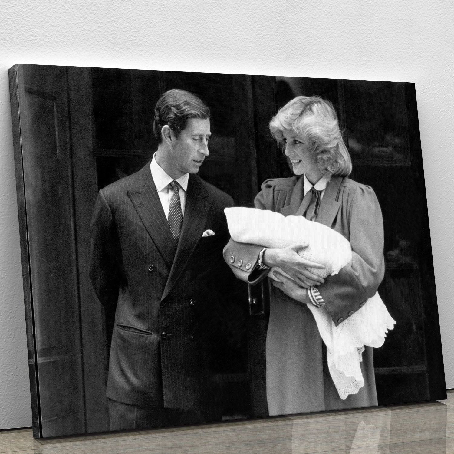Canvas print of Prince Harry as a newborn with proud parents, showcasing royal heritage.